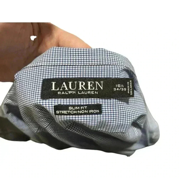 Lauren Ralph Lauren Size 16.5, 34/35 Blue Plaid Slim Fit Stretch Non Iron - Picture 3 of 6